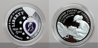 US Mint Sales: Purple Heart Coins Decline CoinNews photos 2022 National Purple Heart Hall of Honor Colorized Silver Dollar