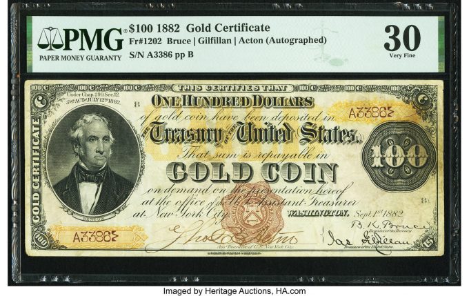 Fr. 1202 $100 1882 Gold Certificate PMG Very Fine 30