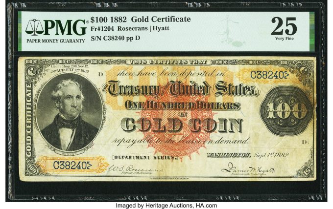 Fr. 1204 $100 1882 Gold Certificate PMG Very Fine 25