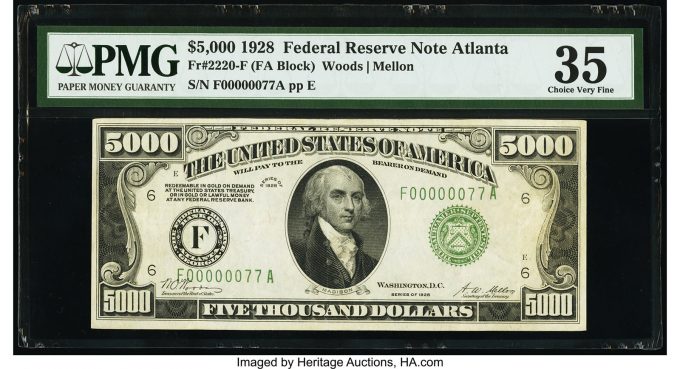 Fr. 2220-F $5,000 1928 Federal Reserve Note. PMG Choice Very Fine 35