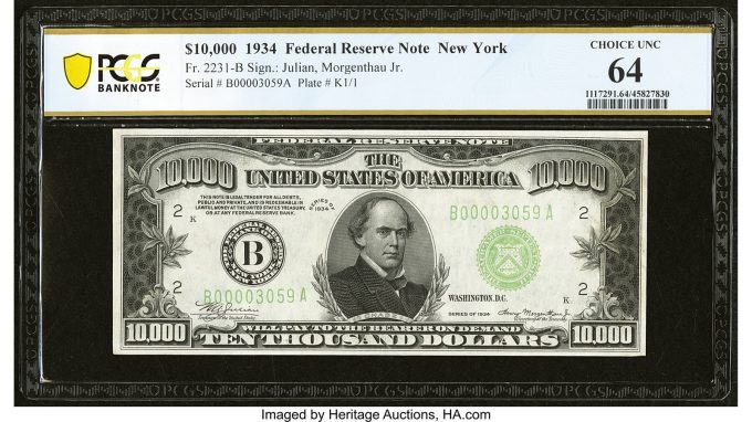 Fr. 2231-B $10,000 1934 Federal Reserve Note. PCGS Banknote Choice Unc 64