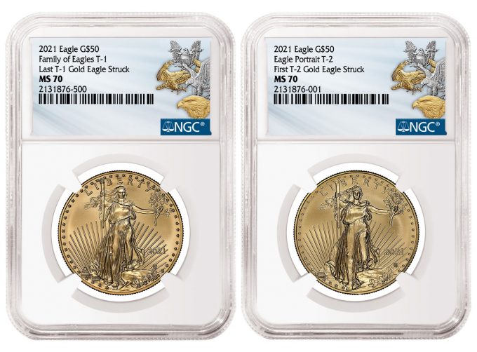 Last T1 and First T2 2021 American Gold Eagles graded NGC MS 70