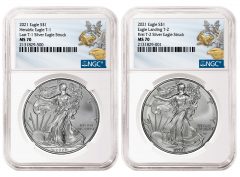Last T1 and First T2 2021 American Silver Eagles graded NGC MS 70