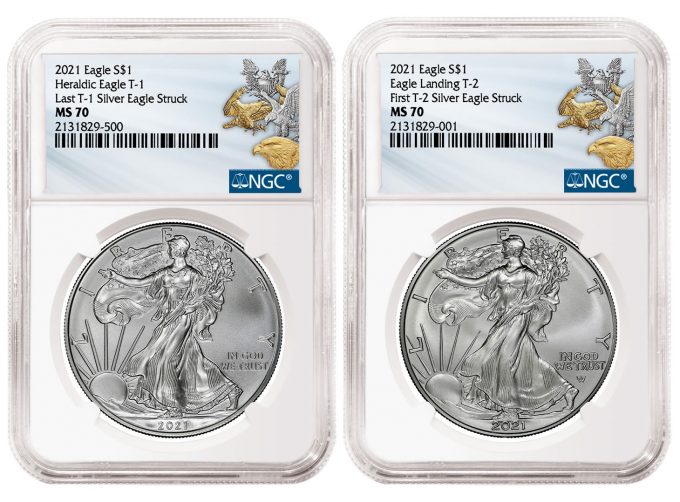 Last T1 and First T2 2021 American Silver Eagles graded NGC MS 70