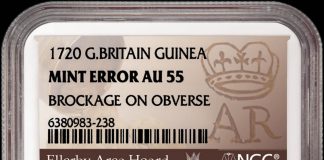 NGC-certified English Gold Coins Top $800,000 in Spink Sale 1720 Guinea with Reverse Brockage that is graded NGC AU 55