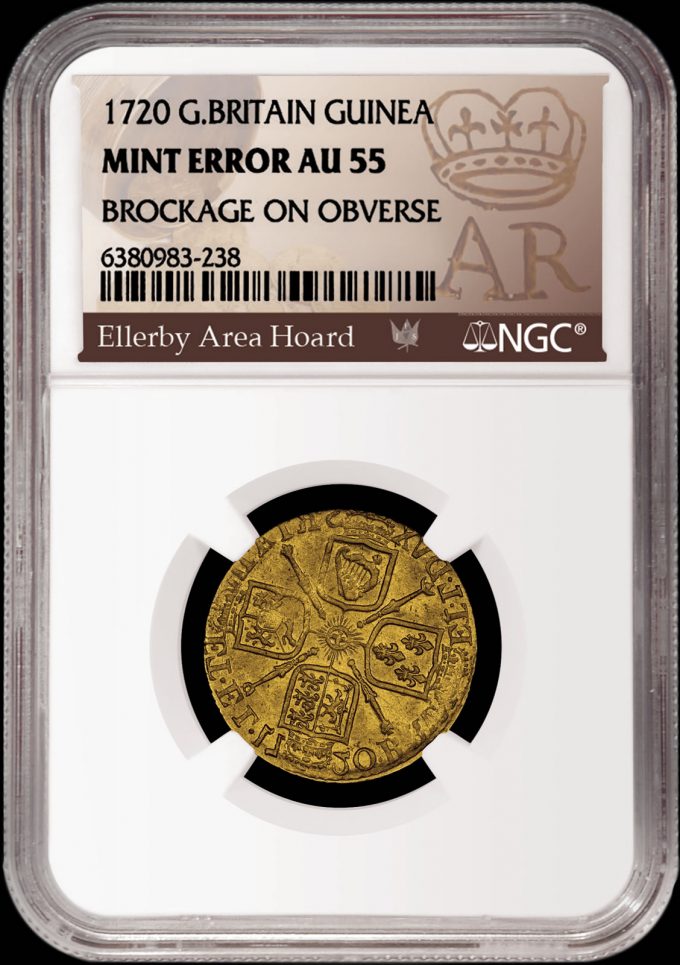 1720 Guinea with Reverse Brockage that is graded NGC AU 55