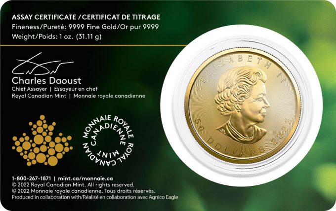 Packaging 2022 $50 Gold Maple Leaf Single-Sourced Mine bullion coin
