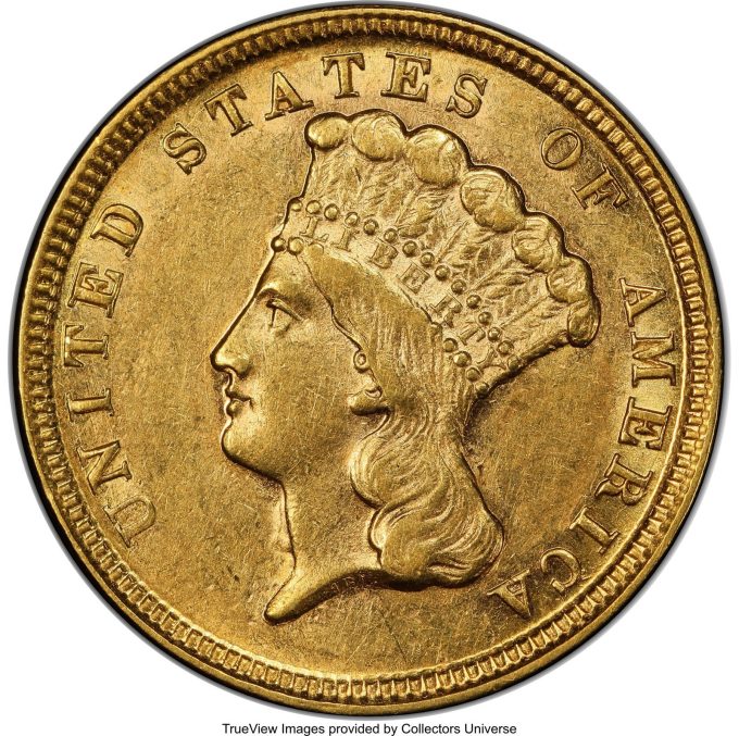 1854-D Three Dollar, AU58