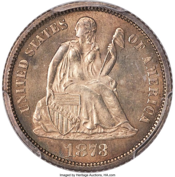 1873-CC No Arrows Seated Dime, MS65