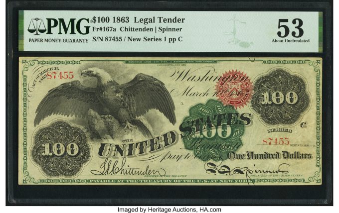 Fr. 167a $100 1863 Legal Tender PMG About Uncirculated 53