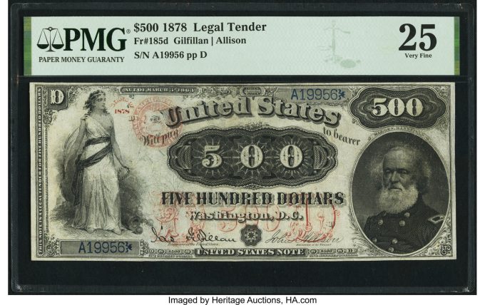 Fr. 185d $500 1878 Legal Tender PMG Very Fine 25