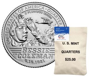 US Mint image 2022-PBessie Coleman quarter and bag