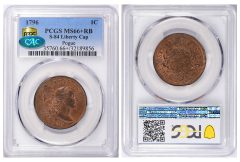 1796 Large Cent (Sheldon 84), graded PCGS MS66+RB