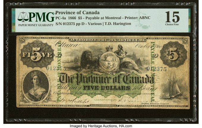 Canada Province of Canada, Montreal 5 Dollars 1.10.1866 PC-4a PMG Choice Fine 15