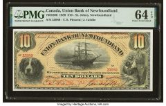 Canada St. John’s, NF- Union Bank of Newfoundland $10 1.5.1889 Ch.# 750-16-06 PMG Choice Uncirculated 64 EPQ