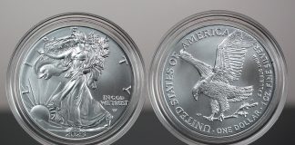 U.S. Mint Gold and Silver Bullion Sales Fall in February CoinNews photo two 2023 American Silver Eagle bullion coins