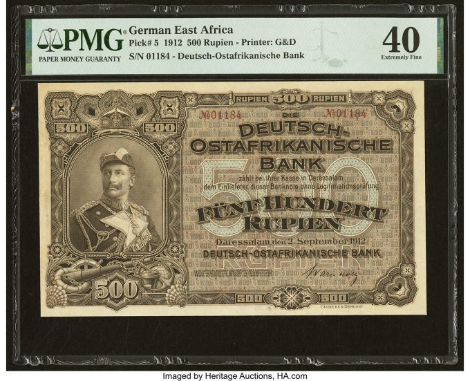 German East Africa Deutsch-Ostafrikanische Bank 500 Rupien 2.9.1912 Pick 5 PMG Extremely Fine 40