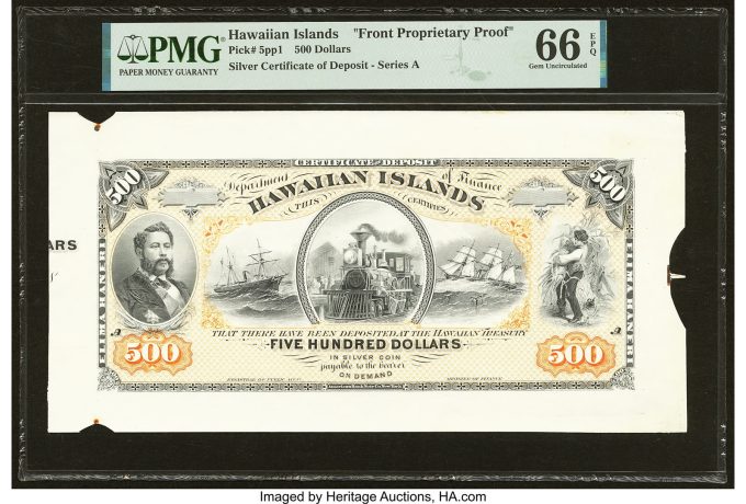 Hawaii Kingdom Of Hawaii, Department of Finance 500 Dollars ND (1879) Pick 5pp1 Front Proprietary Proof PMG Gem Uncirculated 66 EPQ