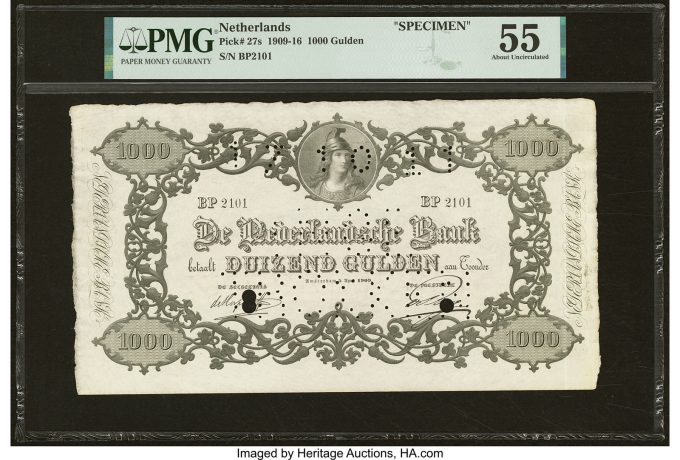 Netherlands Netherlands Bank 1000 Gulden 5.4.1909 Pick 27s Specimen PMG About Uncirculated 55