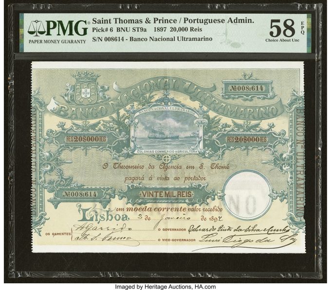 Saint Thomas and Prince Banco Nacional Ultramarino 20,000 Reis 2.1.1897 Pick 6 PMG Choice About Unc 58 EPQ