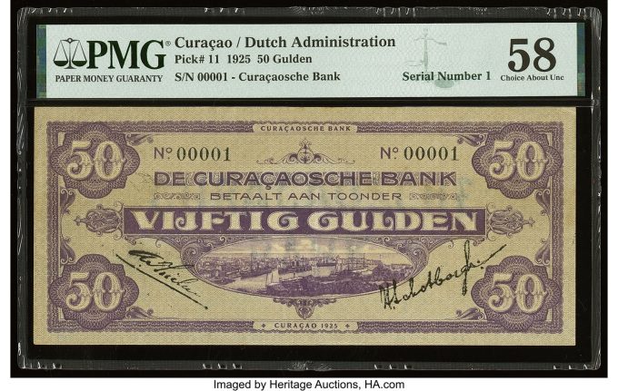 Serial Number 1 Curacao Curacaosche Bank 50 Gulden 1925 Pick 11 PMG Choice About Unc 58