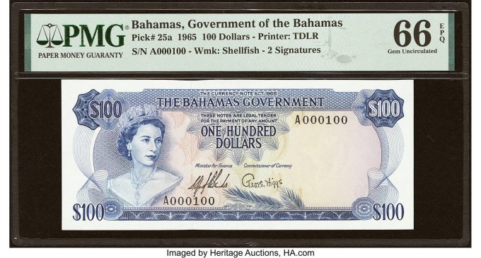 Serial Number 100 Bahamas Bahamas Government 100 Dollars 1965 Pick 25a PMG Gem Uncirculated 66 EP
