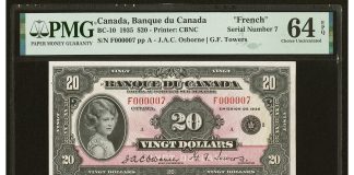 Heritage Auctions’ World Paper Money Event Tops $2.1 Million Serial Number 7 Canada Bank of Canada $20 1935 BC-10 French Text PMG Choice Uncirculated 64 EPQ
