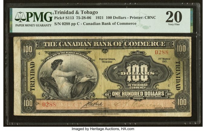 Trinidad & Tobago Canadian Bank of Commerce 100 Dollars 1.3.1921 Pick S113 PMG Very Fine 20