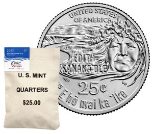 U.S. Mint image of a 2022-P Bessie Coleman quarter and a 100-coin bag of them