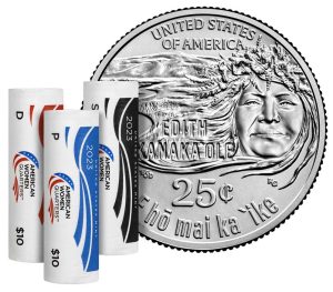 U.S. Mint image of a 2022 Bessie Coleman quarter and P, D, and S rolls of them
