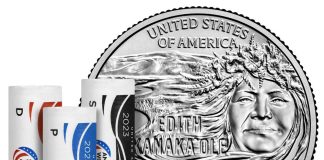 Edith Kanakaʻole Quarters Available in U.S. Mint Rolls and Bags U.S. Mint image of a 2022 Bessie Coleman quarter and P, D, and S rolls of them