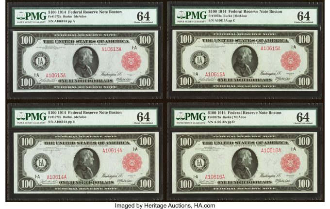 Fr. 1072a $100 1914 Red Seal Federal Reserve Note Cut Sheet of Four PMG Choice Uncirculated 64