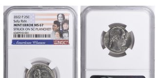 U.S. Mint Error 2022 Dr. Sally Ride Quarter on 5c Planchet in GreatCollections April Auction US Mint Error 2022 Dr. Sally Ride Quarter on Nickel Planchet