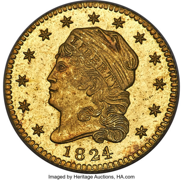 1824/1 Capped Head Left Quarter Eagle, PR67