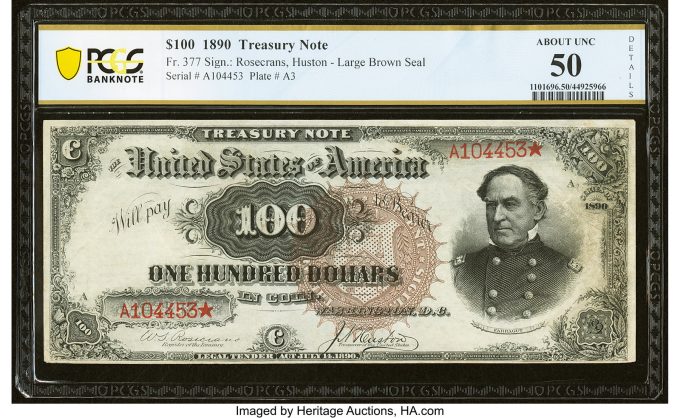 Fr. 377 $100 1890 Treasury Note PCGS Banknote About Unc 50 Details_1_front
