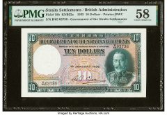 Straits Settlements Government of the Straits Settlements 10 Dollars 1.1.1935 Pick 18b KNB22e PMG Choice About Unc 58