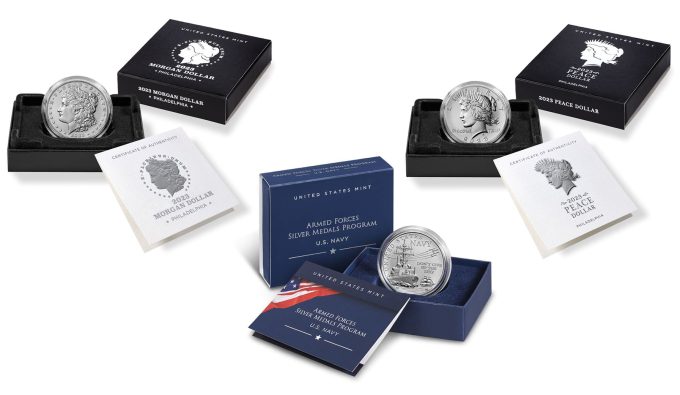 US Mint Product Images Morgan and Peace Dollars and Navy Medal