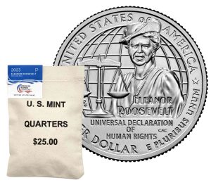 US Mint image 2023 Eleanor Roosevelt quarter and bag