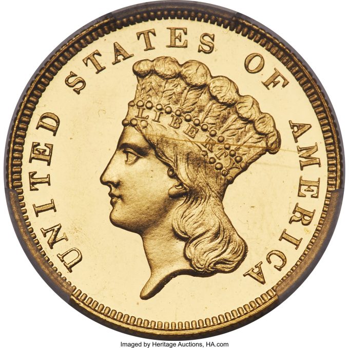 1864 Three Dollar, PR64 Deep Cameo