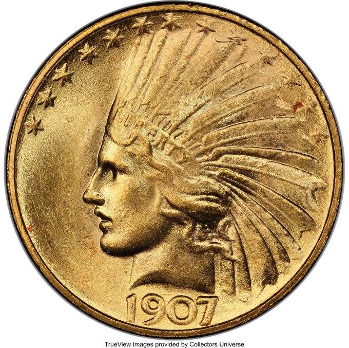 1907 Rolled Rim Indian Eagle, MS64