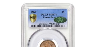 GreatCollections to Auction Stewart Blay Collection of Stunning Cents and Dimes 1860 Indian Cent Pointed Bust PCGS MS-67+ CAC