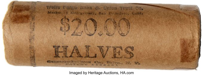 1945 Wells Fargo Original BU Roll of Half Dollars