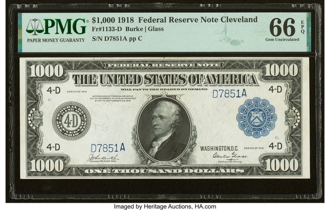 Fr. 1133-D $1,000 1918 Federal Reserve Note PMG Gem Uncirculated 66 EPQ