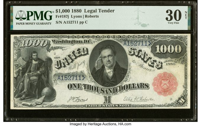 Fr. 187j $1,000 1880 Legal Tender PMG Very Fine 30 Net