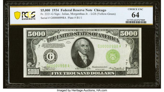 Fr. 2221-G $5,000 1934 Federal Reserve Note. PCGS Banknote Choice Unc 64