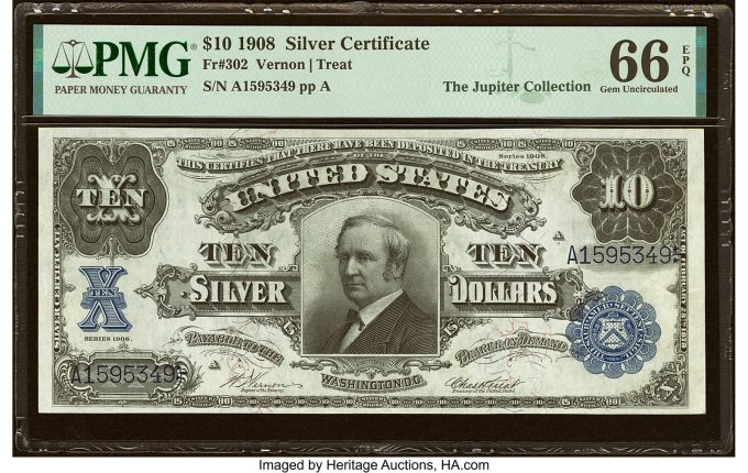 Fr. 302 $10 1908 Silver Certificate PMG Gem Uncirculated 66 EPQ