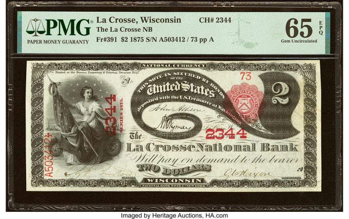 La Crosse, WI - $2 1875 Fr. 391 The La Crosse National Bank Ch. # 2344 PMG Gem Uncirculated 65 EPQ