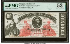 Richmond, VA- Commonwealth of Virginia $100 Aug. 13, 1861 Cr. 1 Jones-Littlefield VT02-06 PMG About Uncirculated 53