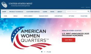 Screenshot of the U.S. Mint’s homepage highlighting 2025 quarter honorees