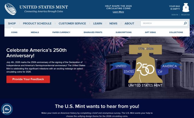 A screenshot showing the U.S. Mint's webpage for their Semiquincentennial Coin Survey